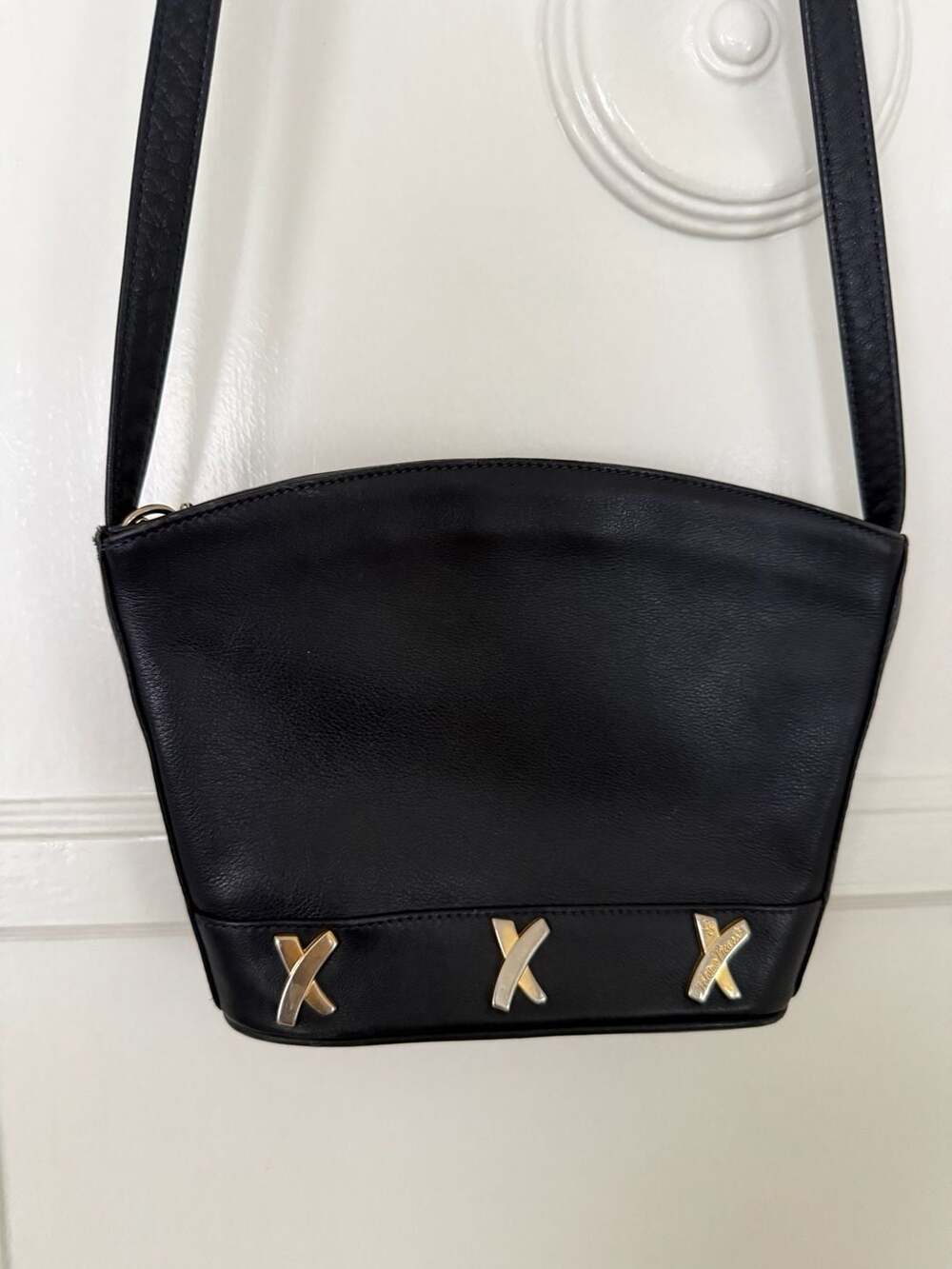 By Paloma Picasso Vintage Black Leather Shoulder Bag with Gold Tone X Logo